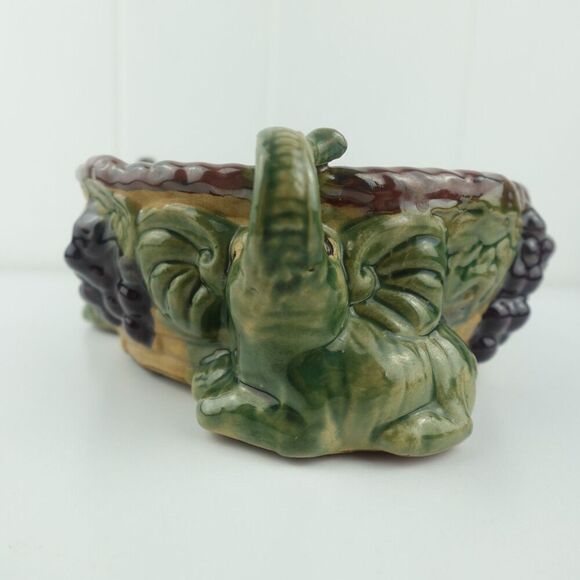 Majolica Art Pottery Elephant & Grapes Planter Glazed Planter Pot Bowl - Picture 7 of 14